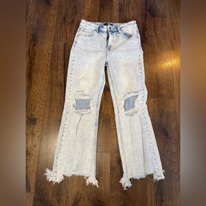 Stylish Light Blue Distressed Flare Jeans